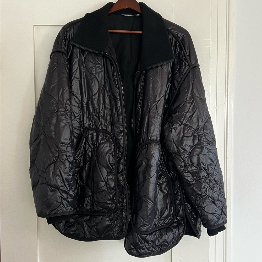 Zara Black Textured Coat with Ribbed Collar